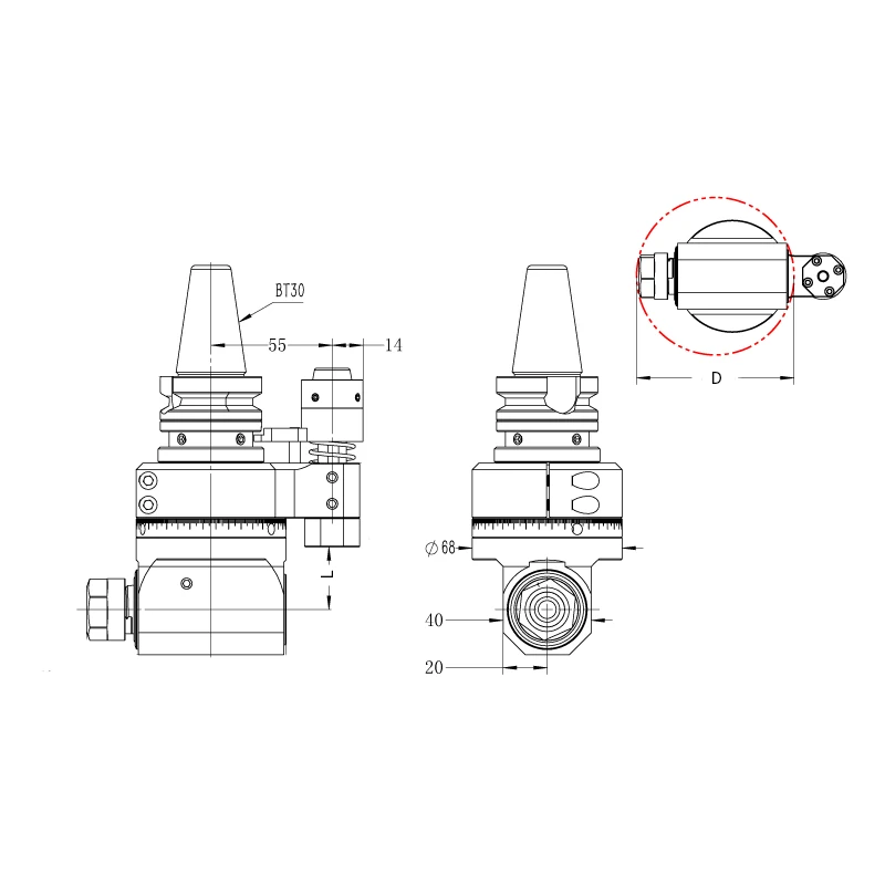 compact 90° right angle head (dk90 bt30 er series)