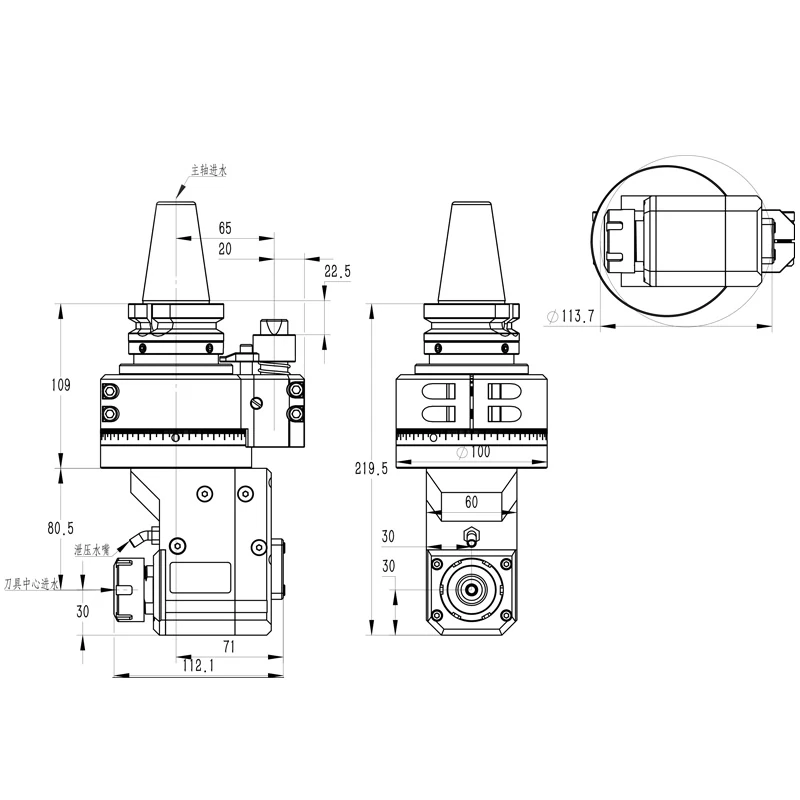 coolant through 90° right angle head (dk90 bt40 er25 z80)
