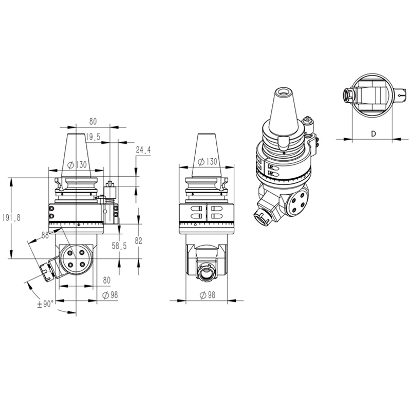 universal swivel milling angle head (dk90 bt50 yw & wxer series)